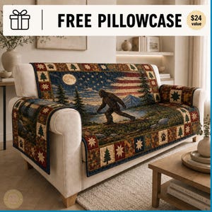Patriotic Bigfoot Quilted Sofa Cover, Americana Flag Furniture Cover, Moonlit Forest Couch Protector, Sasquatch Slipcover, USASofa Cover