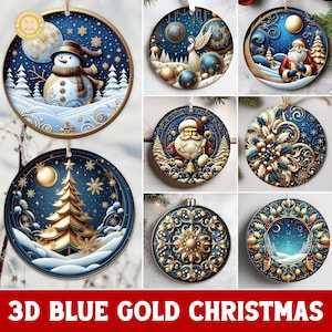 Ponad 20 świątecznych wzorów ozdób krajobrazowych, wzory sublimacji 3D z niebiesko-złotego materiału na Boże Narodzenie, zestaw świąteczny bałwan w formacie PNG, zastosowanie komercyjne