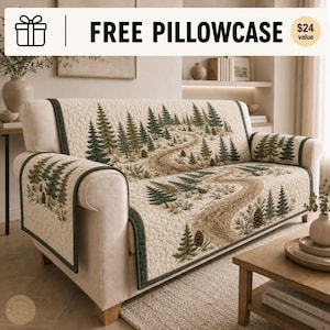 Woodland Pine Quilted Sofa Cover, Woodland Cabin Furniture Cover, Forest Lodge Couch Protector, Pine Tree Slipcover, Rustic PineSofa Cover