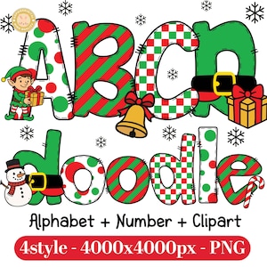4+ Elf Christmas Doodle Png Bundle, Christmas Letters Png, Doodle Alphabet Png, Christmas Font Png, Christmas Tree Png Bundle, Santa Png