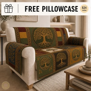 Celtic Tree of Life Quilted Sofa Cover, Vintage Patchwork Furniture Cover, Earth Tone Couch Protector, Boho Slipcover, HeritageSofa Cover