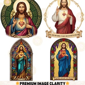 May include: Four digital illustrations of Jesus Christ. Each image depicts Jesus with a glowing heart, surrounded by a halo or within a stained-glass window design. Text includes "Sacred Heart" and a quote. The bottom of the image reads "Premium Image Clarity".