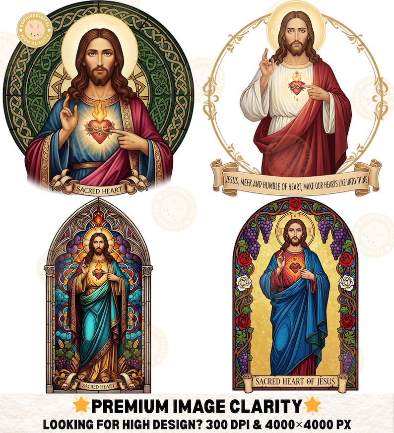 May include: Four digital illustrations of Jesus Christ. Each image depicts Jesus with a glowing heart, surrounded by a halo or within a stained-glass window design. Text includes "Sacred Heart" and a quote. The bottom of the image reads "Premium Image Clarity".