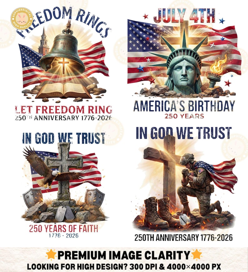 May include: Four digital illustrations with patriotic themes. One features a bell and American flag, another the Statue of Liberty, a third an eagle and cross, and the last a soldier kneeling before a cross. Text includes "Freedom Rings", "July 4th", and "In God We Trust".