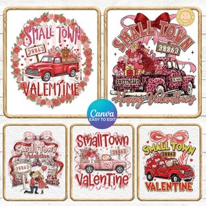 Puede incluir: Diseños temáticos de San Valentín con camionetas rojas, rosas y el texto "Small Town Valentine". Cada diseño incluye el número "38863" y mensajes de San Valentín. Los diseños están enmarcados.