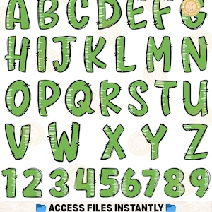 Peut inclure: Alphabet vert et chiffres avec un motif de r&egrave;gle. Les lettres A &agrave; Z et les chiffres 1 &agrave; 9 sont affich&eacute;s. Le texte "ACCESS FILES INSTANTLY" et "GET YOUR DIGITAL FILE FAST - READY TO USE IN SECONDS" sont &eacute;galement inclus.