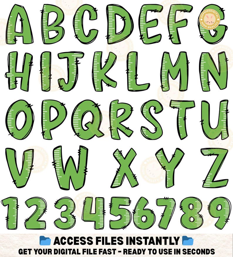 Peut inclure: Alphabet vert et chiffres avec un motif de r&egrave;gle. Les lettres A &agrave; Z et les chiffres 1 &agrave; 9 sont affich&eacute;s. Le texte "ACCESS FILES INSTANTLY" et "GET YOUR DIGITAL FILE FAST - READY TO USE IN SECONDS" sont &eacute;galement inclus.