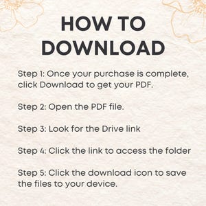 K&ouml;nnte beinhalten: Cremefarbene Grafik mit dem Text "HOW TO DOWNLOAD" in gro&szlig;en, fetten, schwarzen Buchstaben. Darunter sind Anweisungen aufgef&uuml;hrt, die detailliert beschreiben, wie man nach dem Kauf eine PDF-Datei herunterl&auml;dt, einschlie&szlig;lich des &Ouml;ffnens der PDF-Datei und des Speicherns der Dateien.