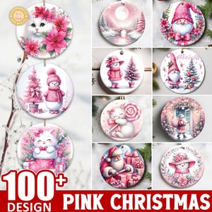 Mais de 100 designs de enfeites festivos para festas, designs de sublimação de Natal rosa, pacote de Feliz Natal em PNG, uso comercial