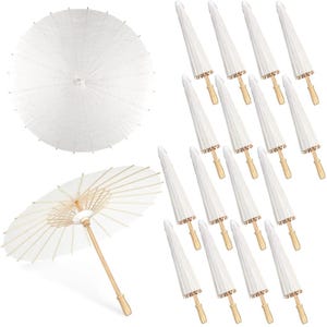6 ombrelli da matrimonio in carta bianca con manico in legno, 60/84 cm
