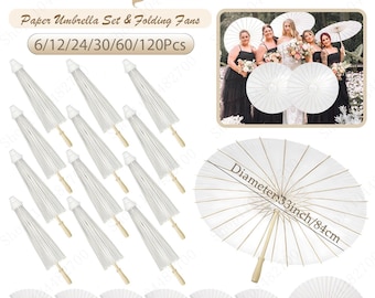 6-120PC 84CM White Paper Umbrella Parasol / Folding Hand Fan Set Party Gift Favors