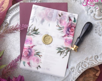 SAMPLE PACKET INCLUDING- Burgundy Red and Pink Blush Watercolor Flowers - Wedding invitation with Vellum wrap and custom gold wax seal