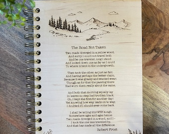 Wooden journal, the road not taken, Robert frost, poem, gift, birthday, mom, sister, friend, sketch book, planner, quote, christmas
