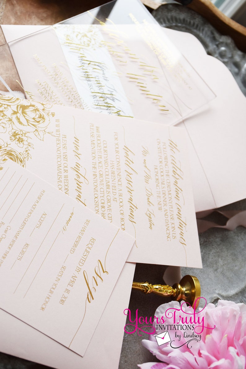 custom design bespoke Custom Clear Acrylic Wedding Or Party Invitation with Gold Foil Stamping in your colors Deposit