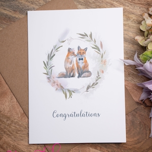 Wedding Card, fox wedding, Congratulations card, watercolor foxes, wedding gift card, gift for couple, wedding present, bridal shower