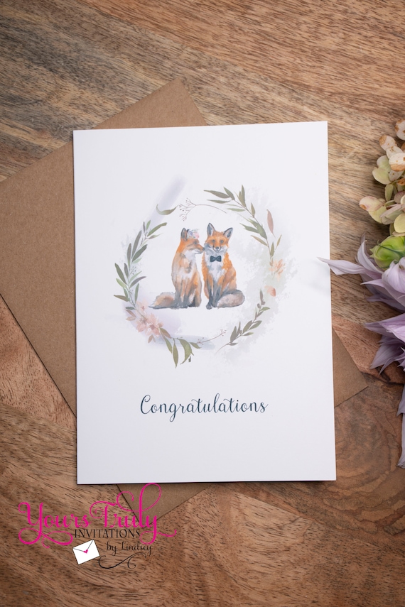Congratulations Fox Wedding Congratulations Card Watercolor Watercolor Cake: Stylish