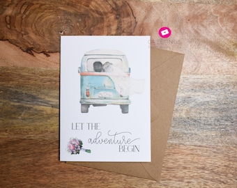 Let the Adventure begin, Congratulations, Wedding card, bridal shower card, VW van, hippy van, hippie, watercolor painting, blank inside