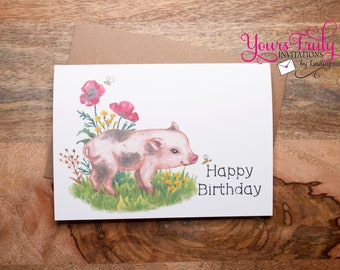 Cute Country Pig, Birthday Card, Greeting Card, farmer card, pig lover, pig mom, watercolor pig, friend card, wife, farmer, gift