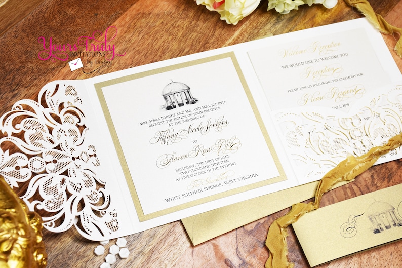 Deposit Greenbrier Springhouse Custom Luxury Wedding Invitation set with gold and ivory lace laser folder and gold foil printing