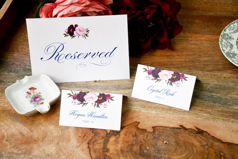 customized for you Place Cards or Escort Cards with beautiful Pink and Burgundy flowers on them Deposit