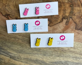 marshmallow bunny earrings, stud earrings, Easter earrings, Easter gift, pink, yellow, blue, egg stuffer, stainless steel, hypoallergenic