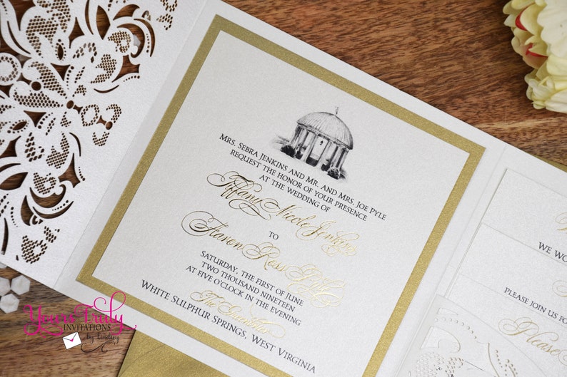 Deposit Greenbrier Springhouse Custom Luxury Wedding Invitation set with gold and ivory lace laser folder and gold foil printing