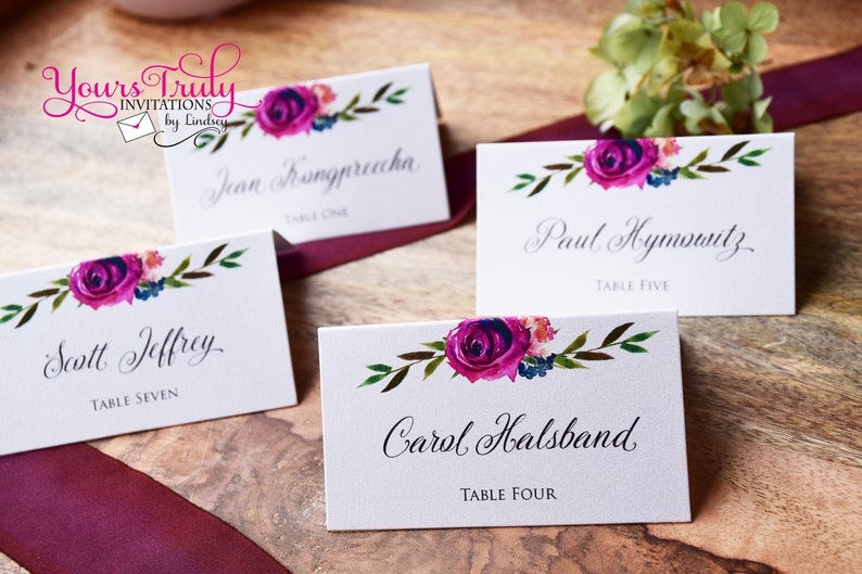 customized for you Place Cards or Escort Cards with beautiful Pink and Burgundy flowers on them Deposit