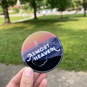 West Virginia, round WV sticker, almost heaven, country roads, mountain mamma, sticker for water bottle, flask, car, laptop