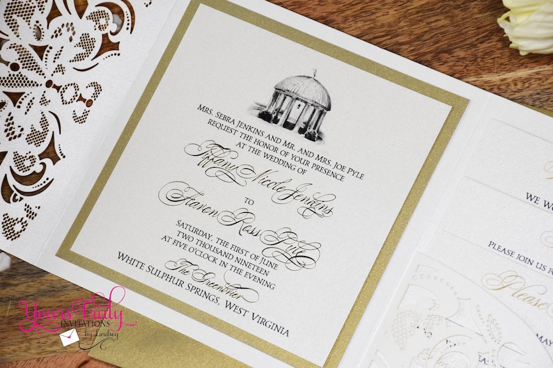 Deposit Greenbrier Springhouse Custom Luxury Wedding Invitation set with gold and ivory lace laser folder and gold foil printing