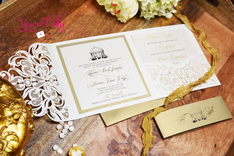 Deposit Greenbrier Springhouse Custom Luxury Wedding Invitation set with gold and ivory lace laser folder and gold foil printing