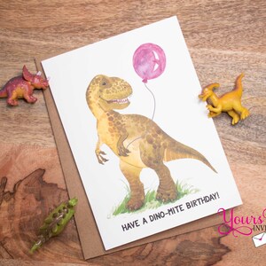 Dinosaur Birthday Card: T-Rex with Balloon, Dino Party (5x7 inches)