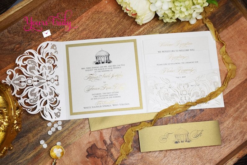Deposit Greenbrier Springhouse Custom Luxury Wedding Invitation set with gold and ivory lace laser folder and gold foil printing