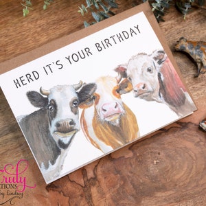 Herd It's Your Birthday, Funny Cow Birthday Card, Cute Heifers, Greeting, cow lover, card for friend, husband, wife, co worker, Dad, Mom