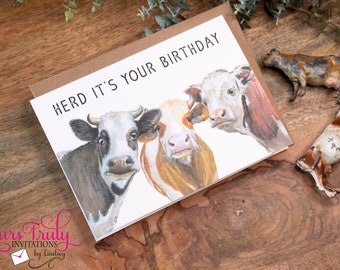 Herd It's Your Birthday, Funny Cow Birthday Card, Cute Heifers, Greeting, cow lover, card for friend, husband, wife, co worker, Dad, Mom