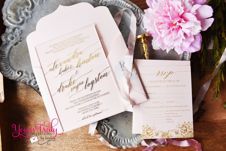 custom design bespoke Custom Clear Acrylic Wedding Or Party Invitation with Gold Foil Stamping in your colors Deposit