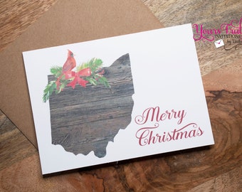 Ohio christmas card, wooden ohio,  Red Cardinal, ohio state card, rustic ohio Christmas, ohio Christmas card, cardinal card, OH card, ohio