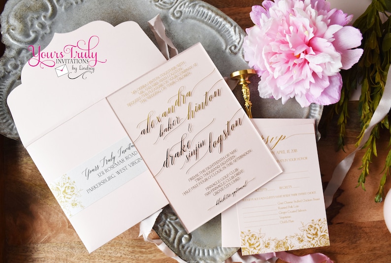custom design bespoke Custom Clear Acrylic Wedding Or Party Invitation with Gold Foil Stamping in your colors Deposit