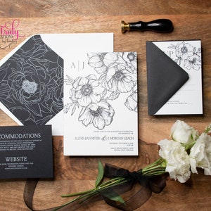 Black and White wedding invitation, Anemone invitation, black, white, elegant wedding, black envelope liner,letterpress, yours truly