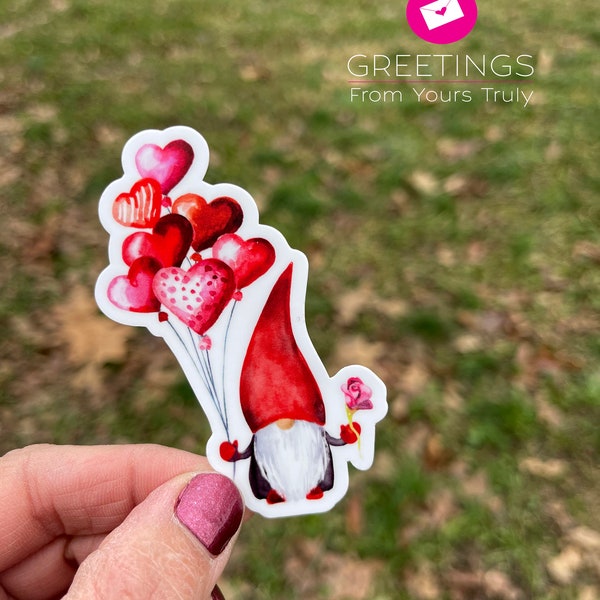 Valentines Day Sticker, Valentine Gnome, Gnome sticker, gift exchange, valentine day card, child card, heart, watercolor, water bottle, car