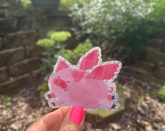 Glitter Flying Pig Sticker: Waterproof Vinyl Decal
