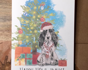 Happy Howl idays!  - Dog Christmas Card-  black and white Spaniel Puppy - Personalized Pet Christmas Card blank inside with kraft envelope