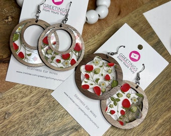 Strawberry earrings, summer earrings, strawberries, dangle, wood, acrylic, stainless steel, hypoallergenic, yours truly