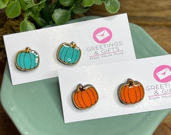 Pumpkin earrings, teal pumpkin, stud earrings, fall earrings, orange pumpkin, Halloween earrings, gift, stainless steel, hypoallergenic