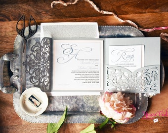 Silver and Pink Lace Wedding Invitation set, Laser folder, monogram, blush, silver, pocket, custom, yours truly, elegant, wedding invitation