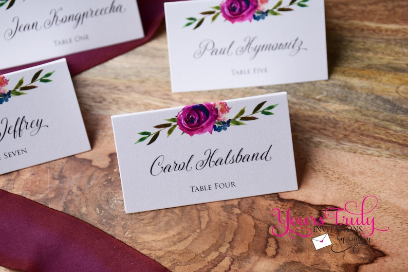 customized for you Place Cards or Escort Cards with beautiful Pink and Burgundy flowers on them Deposit