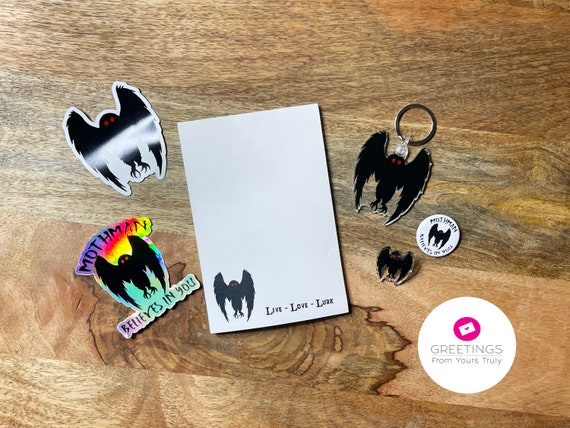 Mothman Gift Bundle: Keychain, Sticker, Magnet, Button, Pin & Notepad