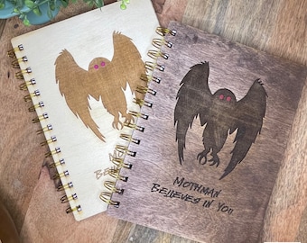 Mothman Notebook, Wood  notebook, mothman book, mothman gift, journal, lined book, cryptoid book, harbinger of doom, mothman prophecy