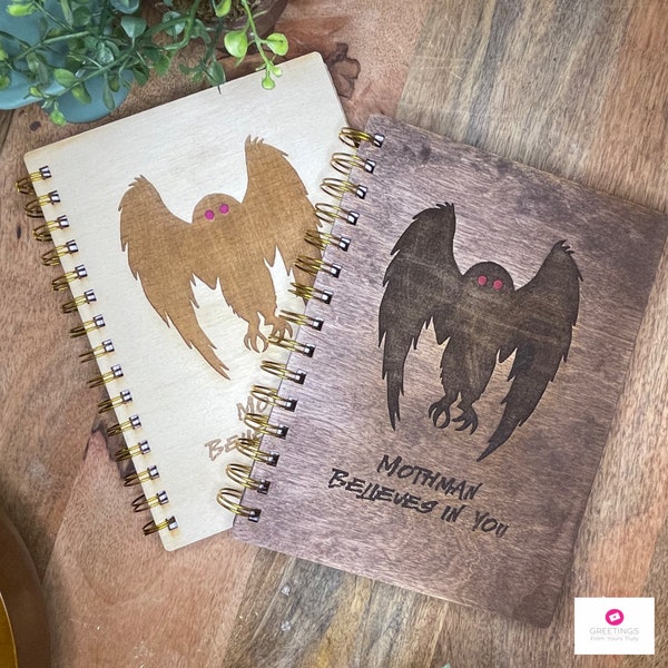 Mothman Notebook, Wood  notebook, mothman book, mothman gift, journal, lined book, cryptoid book, harbinger of doom, mothman prophecy