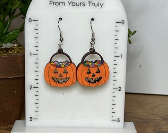 Halloween earrings, treat pail, Jack o lantern, spooky, fun earrings, teacher gift, pumpkin