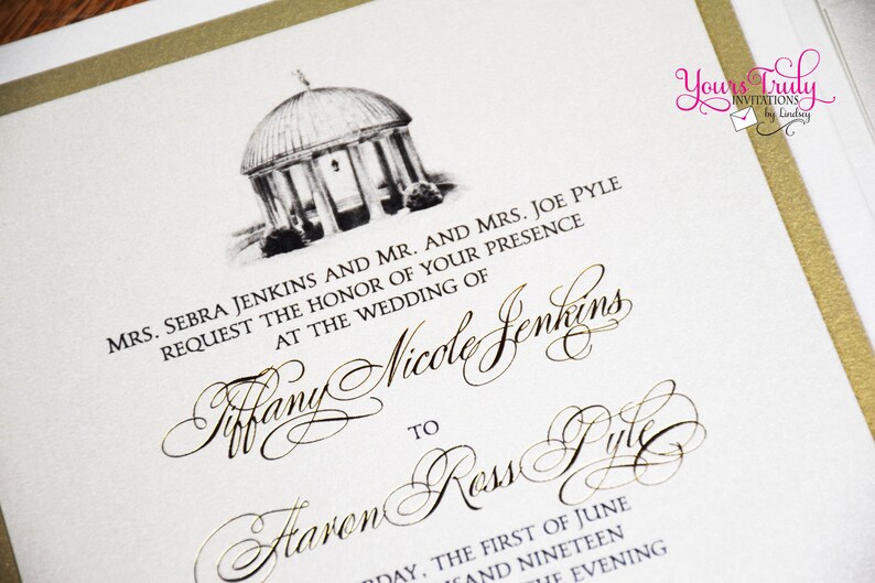 Deposit Greenbrier Springhouse Custom Luxury Wedding Invitation set with gold and ivory lace laser folder and gold foil printing